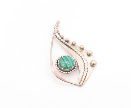 925 Sterling Silver Vintage Pendant PAUL MILLER Malachite Wavy Beaded  PT25054