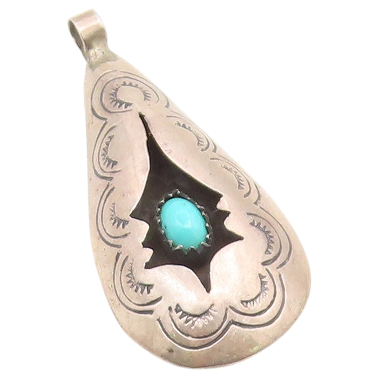 925 Sterling Silver Vintage Pendant NAVAJO Turquoise Shadow Box Teardrop PT26596