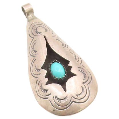 925 Sterling Silver Vintage Pendant NAVAJO Turquoise Shadow Box Teardrop PT26596