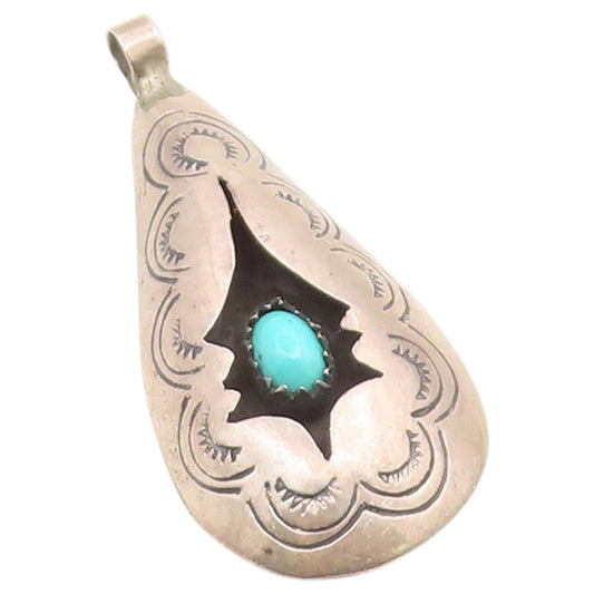 925 Sterling Silver Vintage Pendant NAVAJO Turquoise Shadow Box Teardrop PT26596