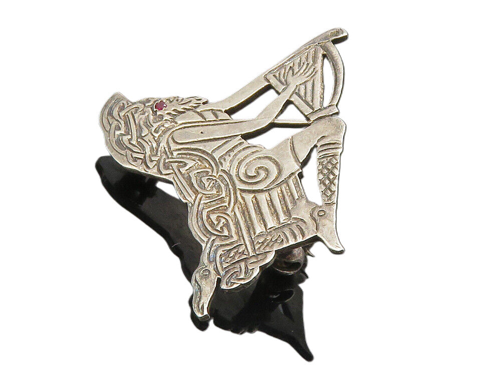 925 Sterling Silver  Vintage Red Topaz Accent Man On Throne Brooch Pin  BP3318