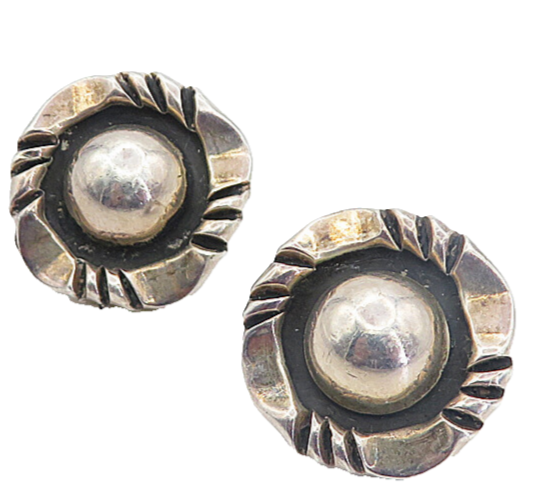 MEXICO 925 Sterling Silver  Vintage Shiny Dark Tone Dome Drop Earrings  EG3103