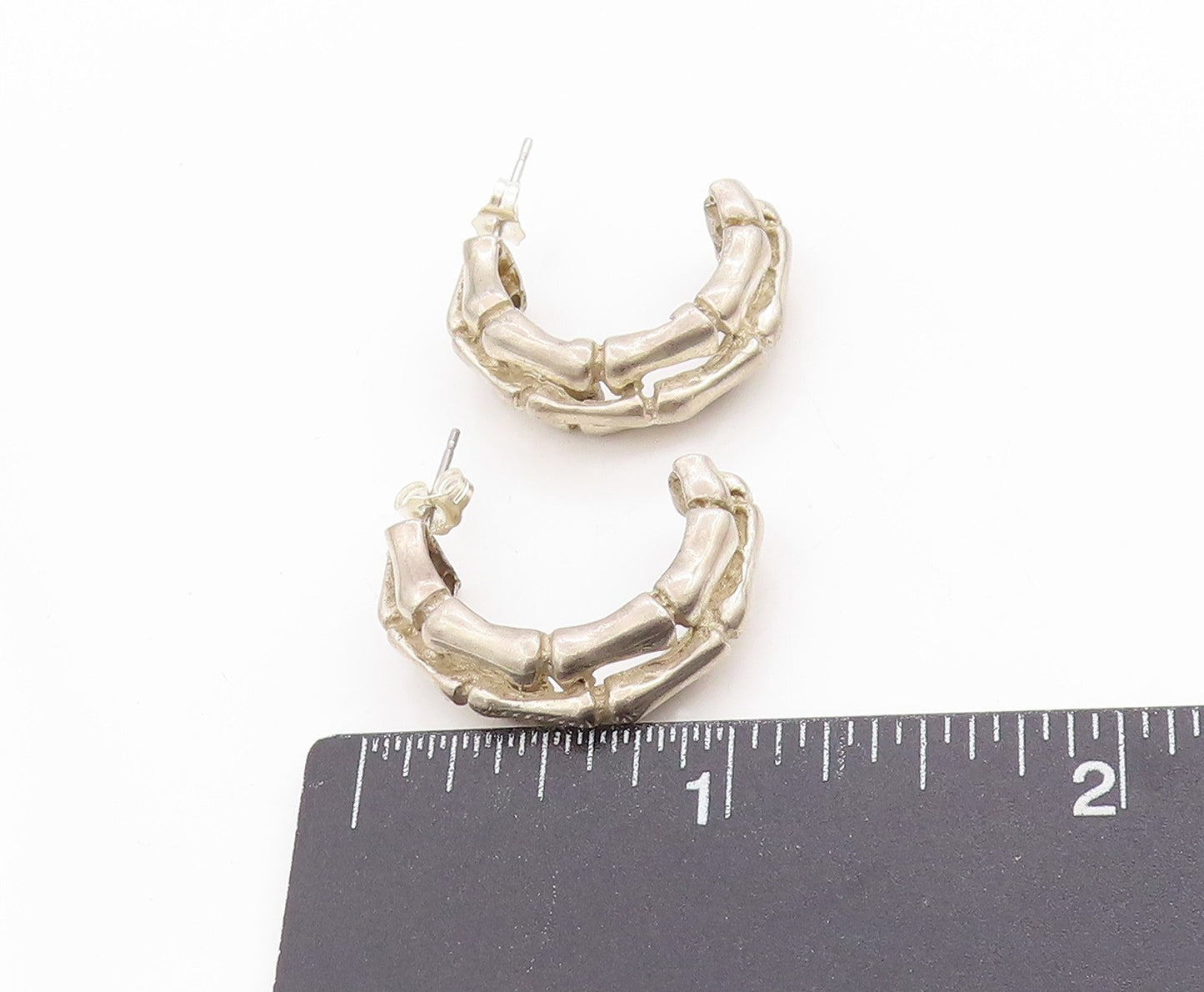 925 Sterling Silver Vintage Earrings Solid Textured Bamboo Design Hoops  EG13685