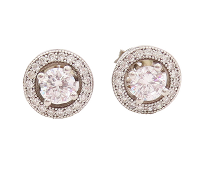 925 Sterling Silver Vintage Earrings Round Maine Stone Halo CZ Band Stud EG12899