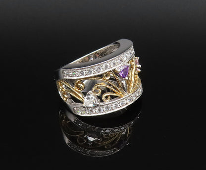 925 Silver  Vintage Dainty Two Tone Amethyst Spinel & Topaz Ring Sz 7  RG25843
