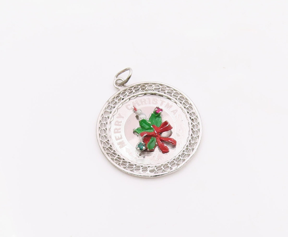 925 Sterling Silver  Vintage Enamel Merry Christmas Candle Pendant  PT18868