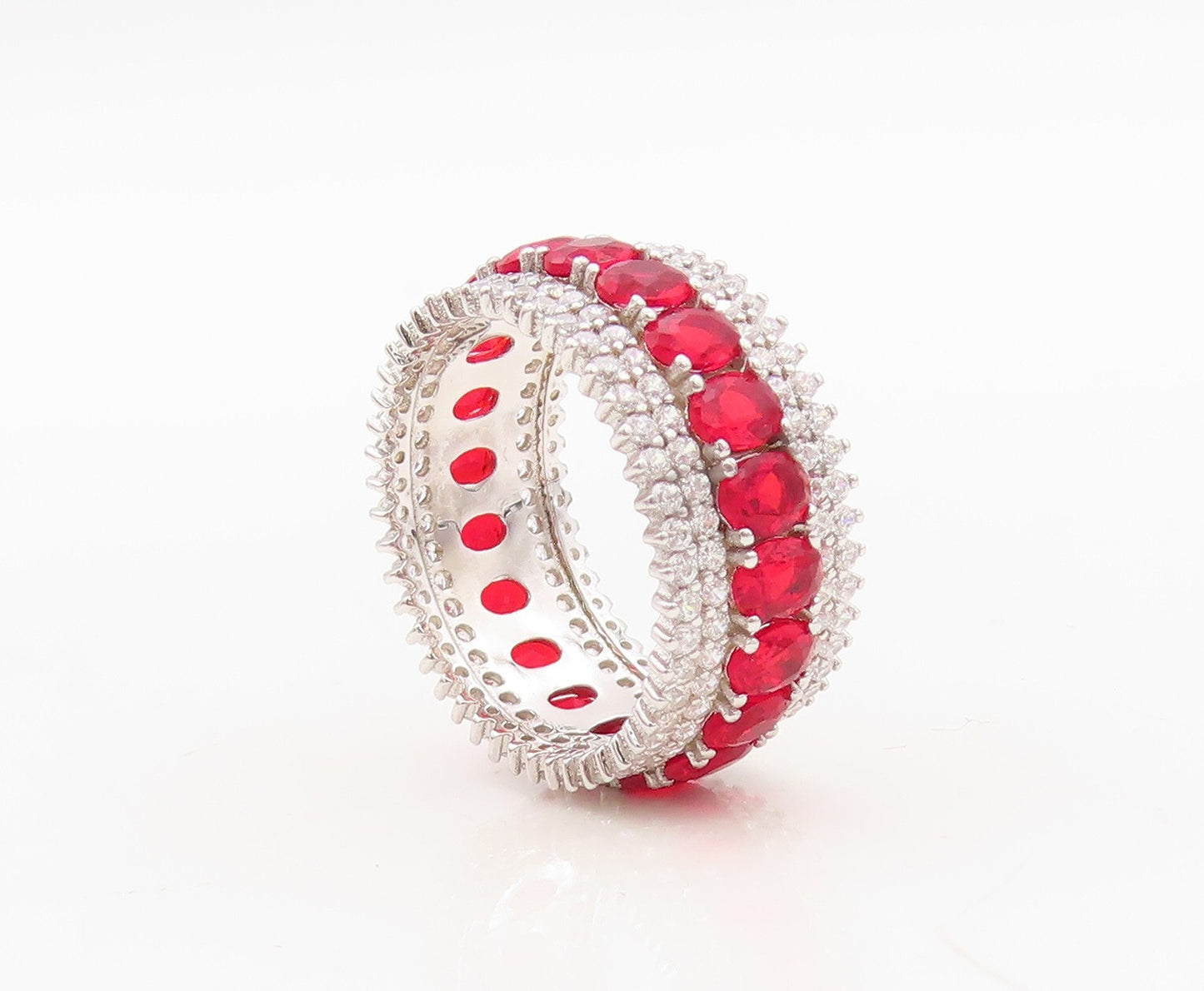 925 Sterling Silver Vintage Ring Oval Cut Red & White CZ 360 Band  Sz 7  RG30499