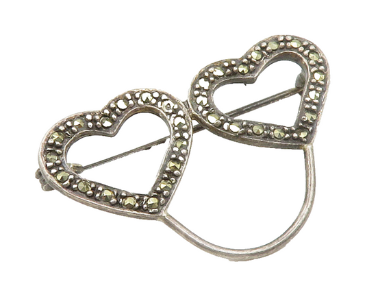 925 Sterling Silver  Vintage Marcasite Open Love Hearts Brooch Pin  BP5730