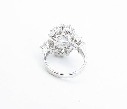 925 Sterling Silver  Sparkling Cubic Zirconia Floral Cocktail Ring Sz 6 RG5282