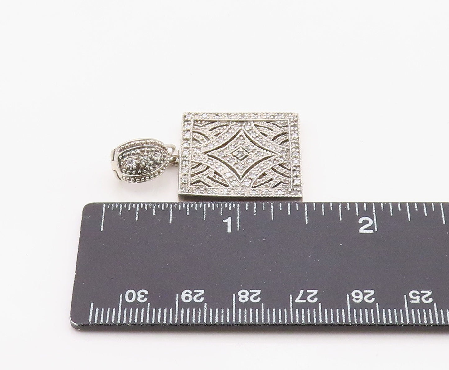 925 Sterling Silver Vintage Pendant White Topaz Geometric Square Charm  PT26332
