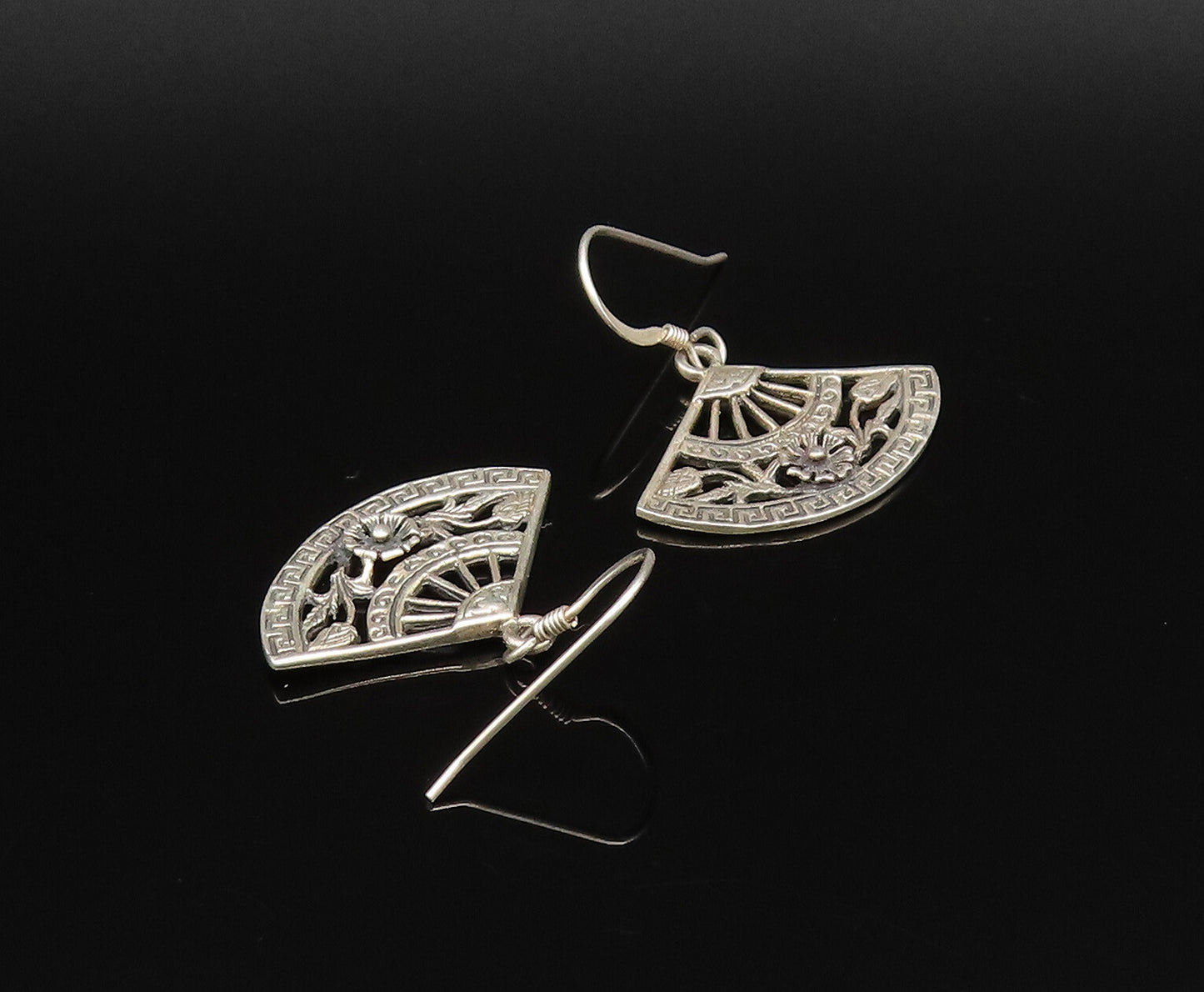 925 Silver  Vintage Engraved Detail Floral Vine Half Circle Earrings  EG12042