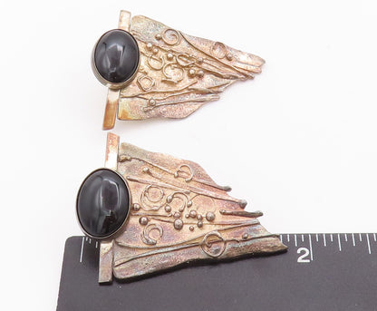 925 Sterling Silver Vintage Earrings Oval Cabochon Onyx Brutalist Carved EG13016