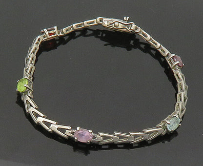 925 Silver  Vintage Peridot Garnet Amethyst & Topaz Chain Bracelet  BT8613