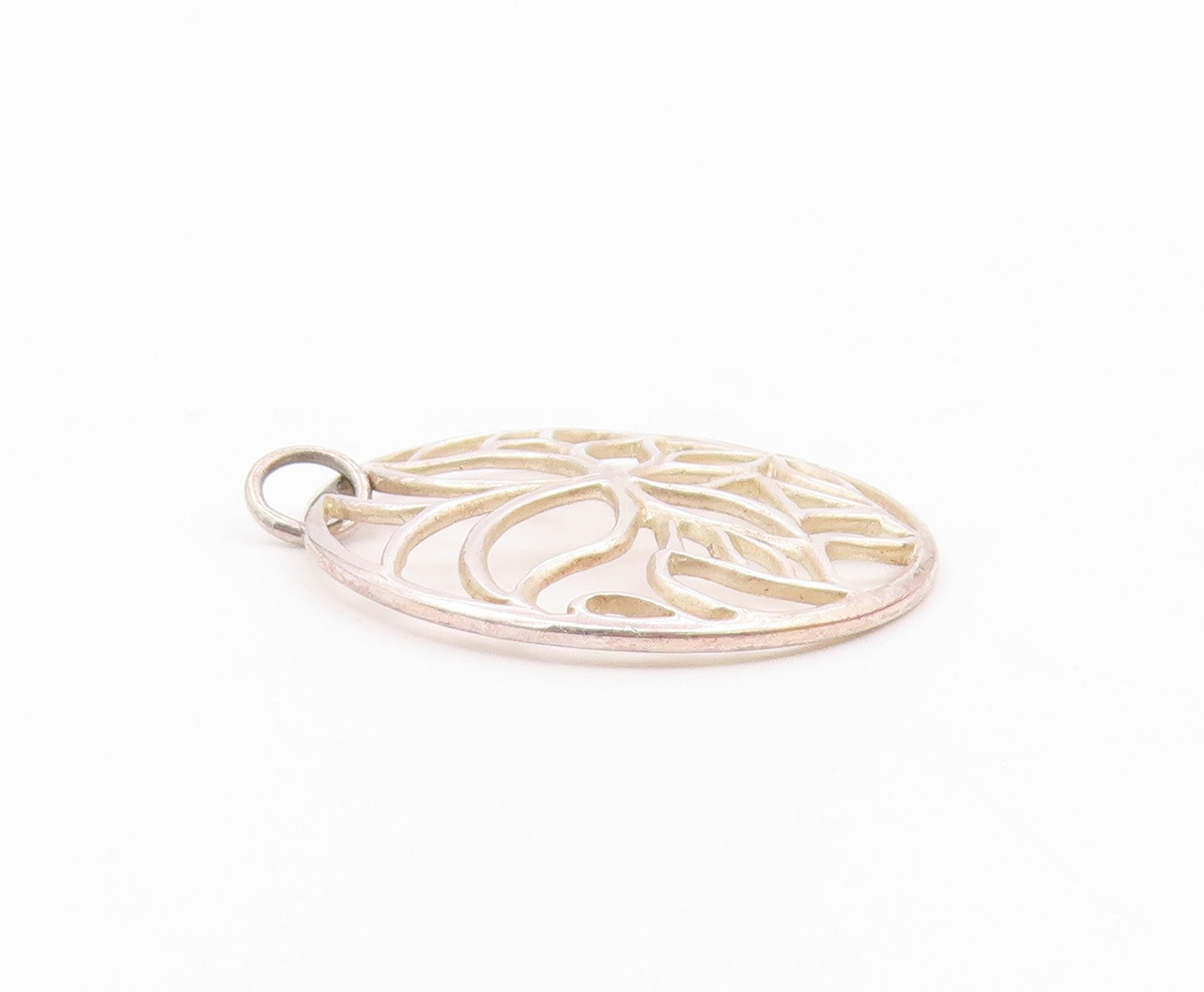 925 Sterling Silver  Vintage Shiny Open Floral Design Round Pendant  PT18531