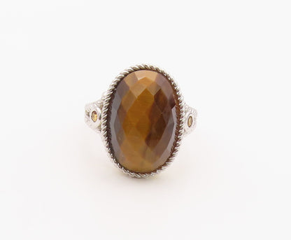 925 Sterling Silver Vintage Ring Faceted Tiger's Eye & Citrine  Sz 9  RG36361