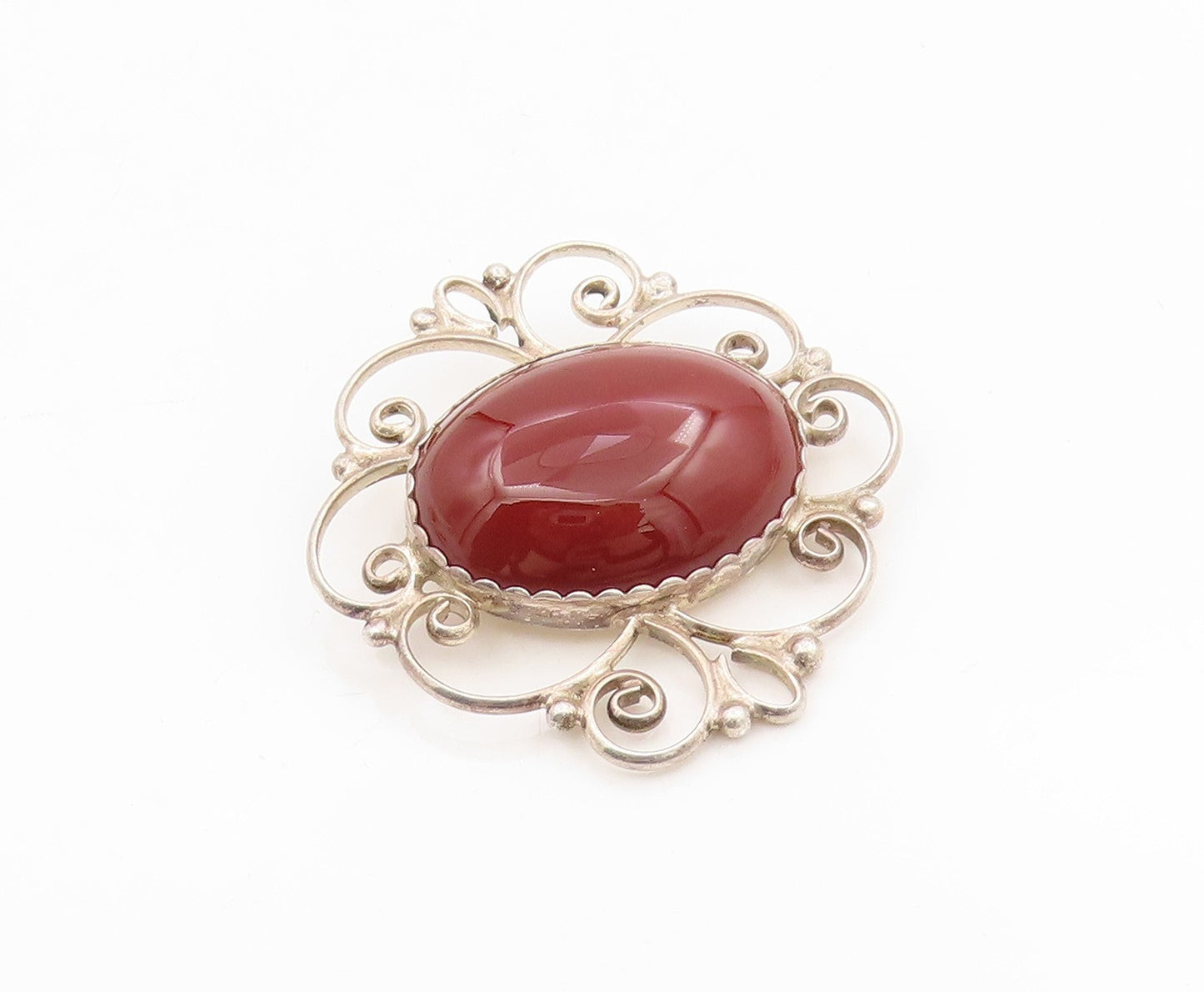 925 Sterling Silver Vintage Brooch POLAND Cabochon Carnelian Scrollwork  BP12135
