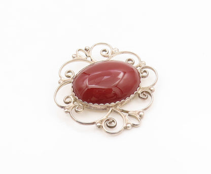 925 Sterling Silver Vintage Brooch POLAND Cabochon Carnelian Scrollwork  BP12135