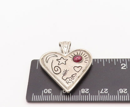 925 Sterling Silver Vintage Pendant Garnet Heart Etched Stars Moon  PT22557