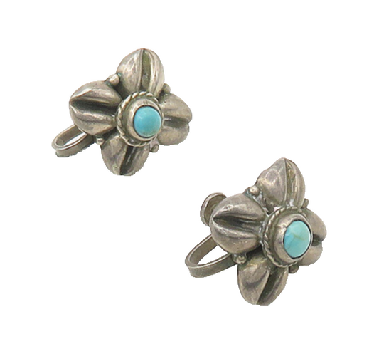 MEXICO 925 Silver  Vintage Antique Turquoise Floral Non Pierce Earrings EG9273