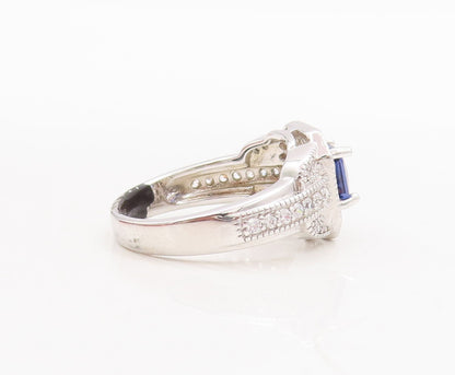 925 Sterling Silver Vintage Ring Designer Square Sapphire CZ Inlay Sz 7 RG29794