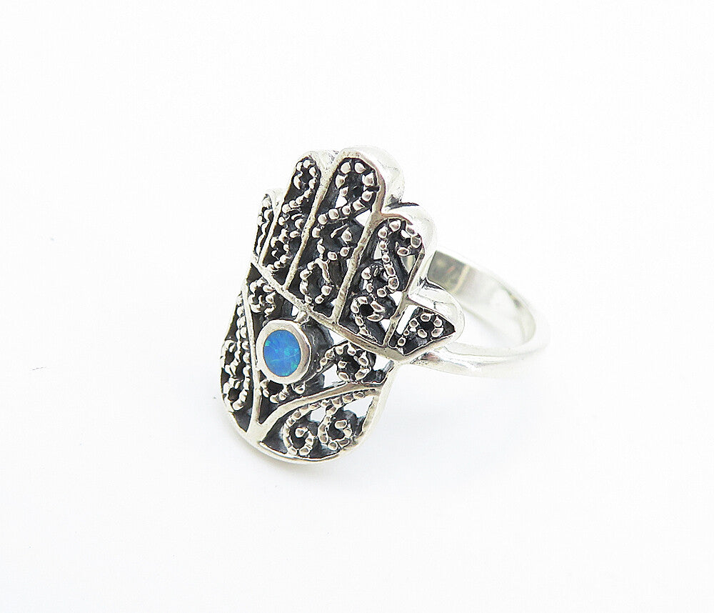 925 Sterling Silver  Petite Fire Opal Swirl Hamsa Band Ring Sz 7.5  RG7780