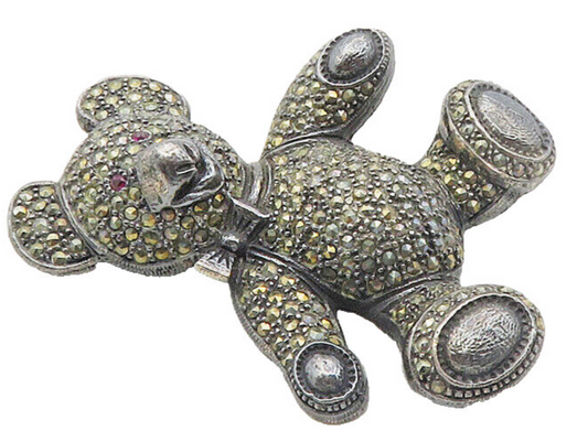925 Sterling Silver  Vintage Sparkling Marcasite Teddy Bear Brooch Pin  BP3954