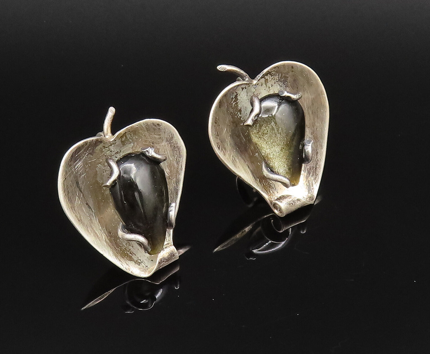 MEXICO 925 Silver  Vintage Modernist Obsidian Screw Back Earrings  EG12143