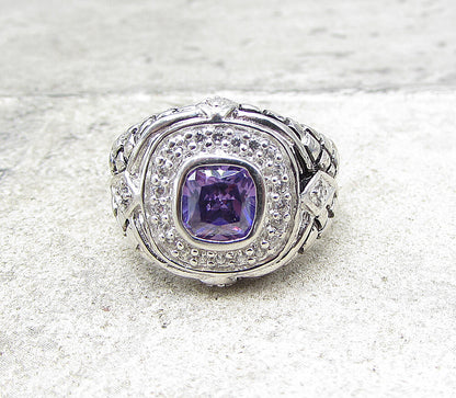 925 Sterling Silver Amethyst & White Cubic Zirconia Cocktail Ring Sz 6 RG1583