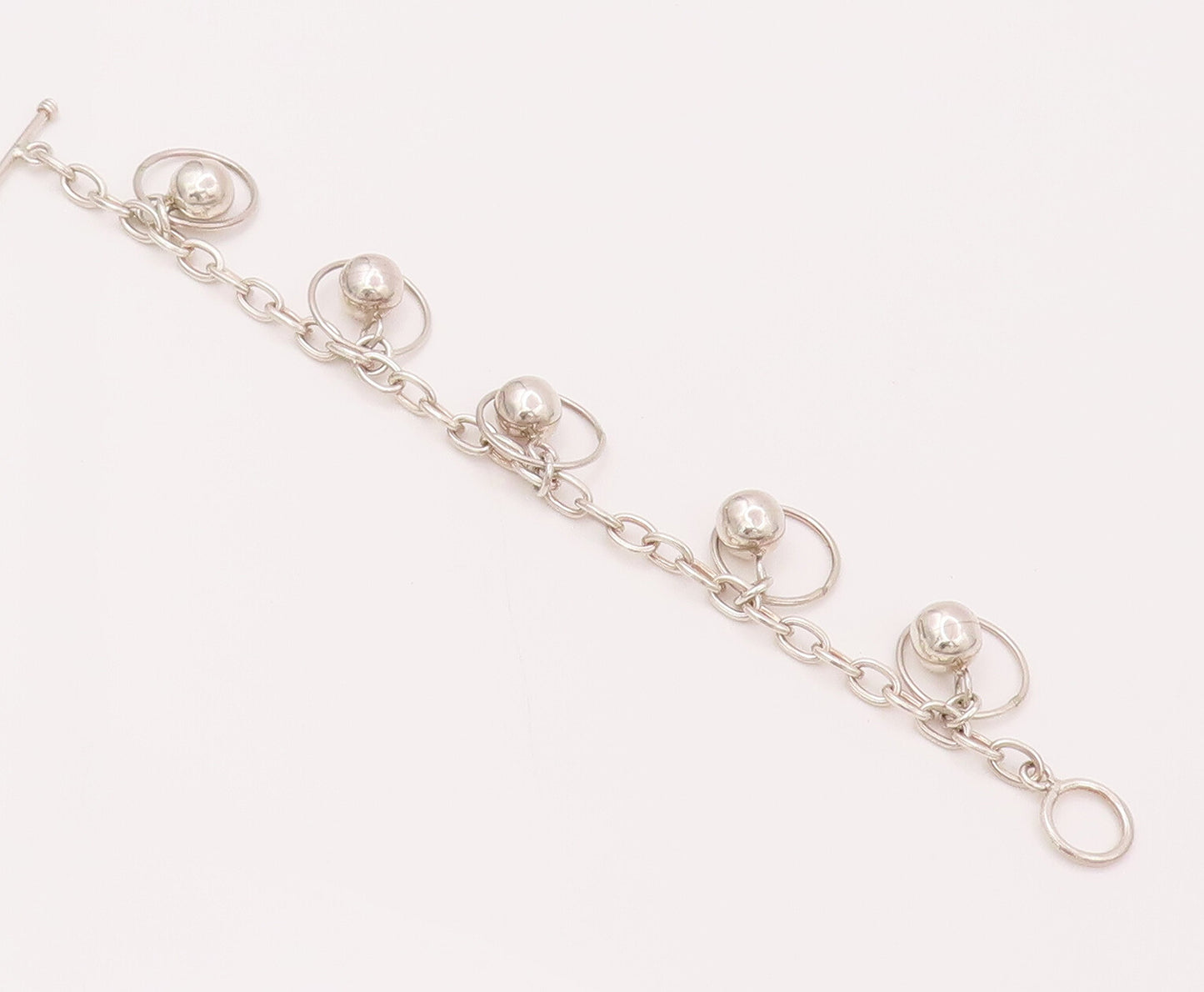 925 Silver  Vintage Round Link Chain Dangling Beaded Ring Bracelet  BT9862