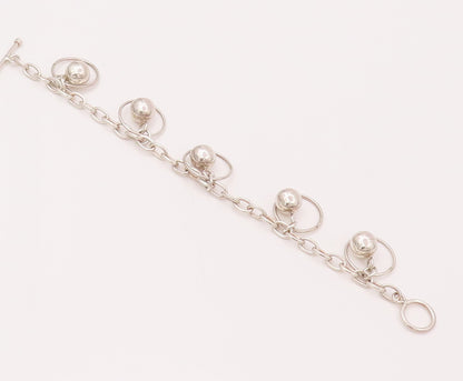 925 Silver  Vintage Round Link Chain Dangling Beaded Ring Bracelet  BT9862