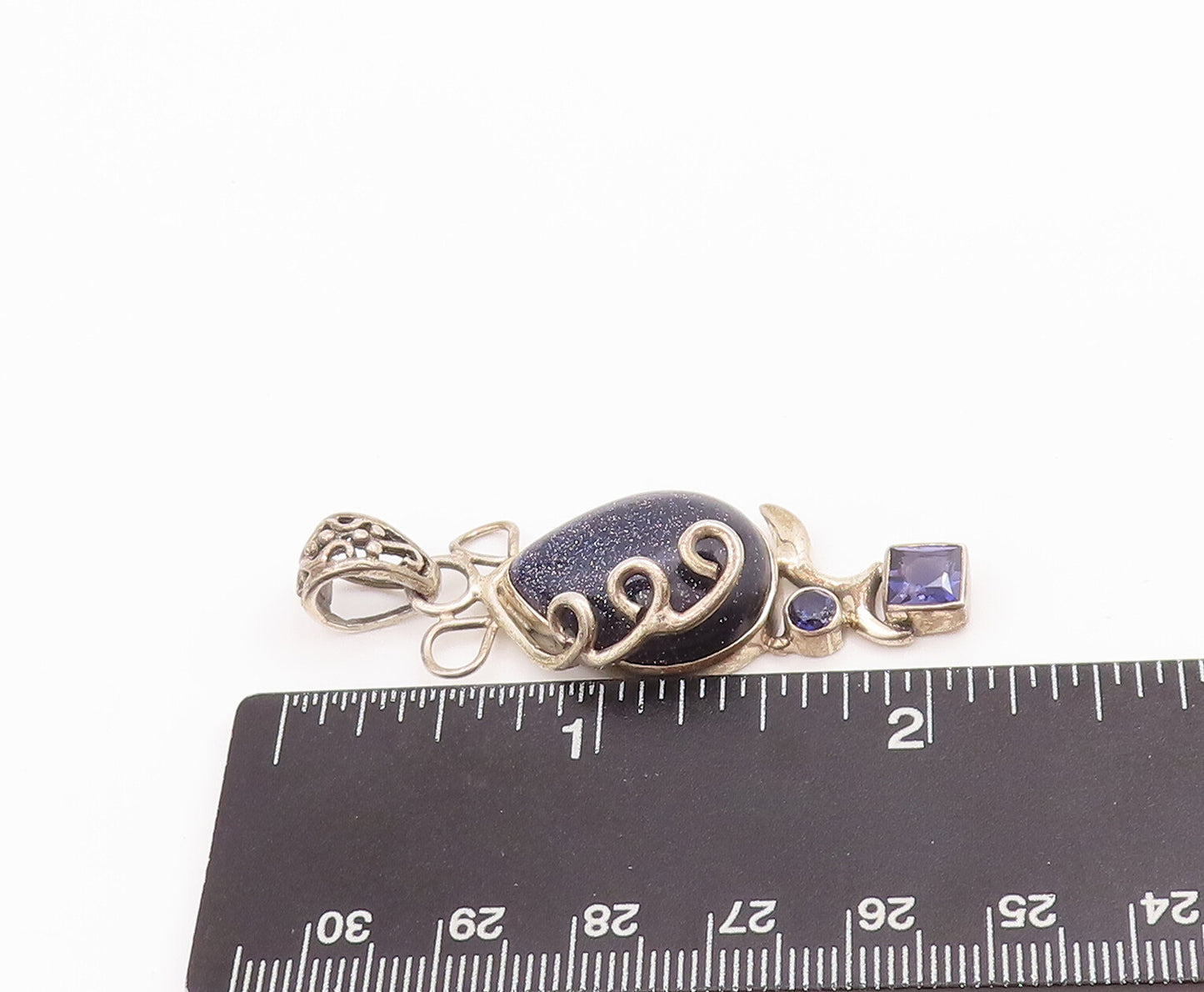 925 Sterling Silver Vintage Pendant Drop Goldstone Swirl Carved Amethyst PT22856