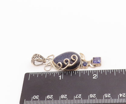 925 Sterling Silver Vintage Pendant Drop Goldstone Swirl Carved Amethyst PT22856