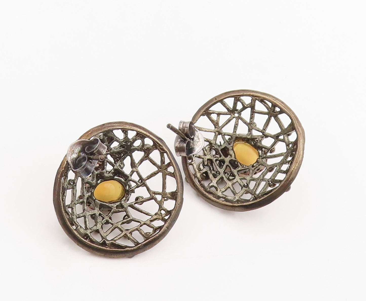 925 Sterling Silver Vintage Earrings Fire Opal & CZ Round Openwork Stud  EG13828