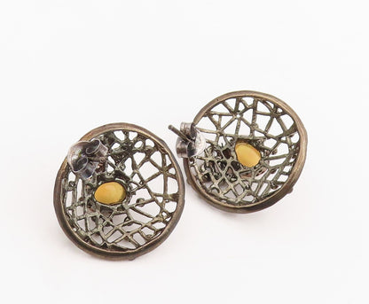 925 Sterling Silver Vintage Earrings Fire Opal & CZ Round Openwork Stud  EG13828