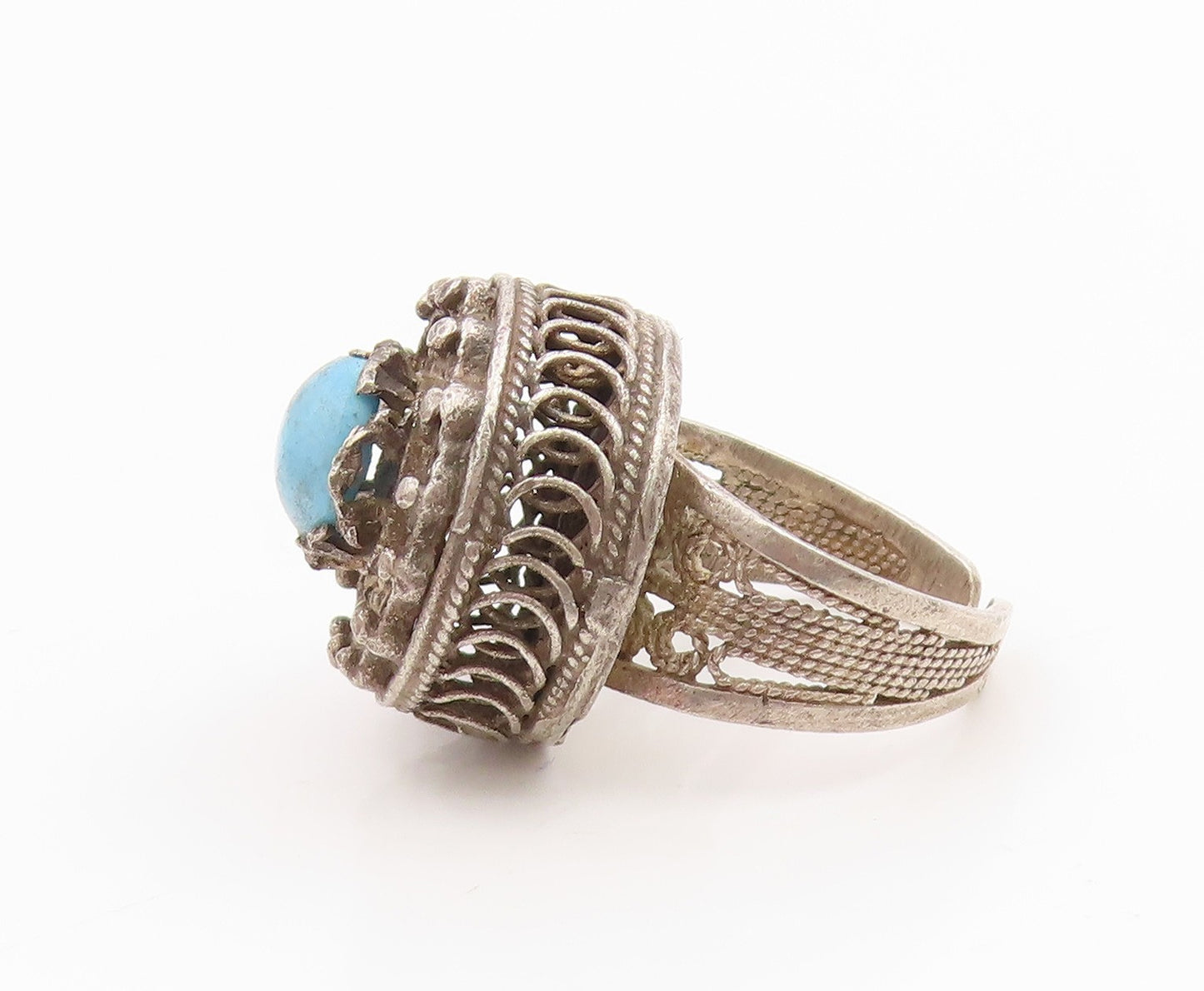 925 Sterling Silver Vintage Ring Turquoise Filigree Statement Band Sz 7 RG35929