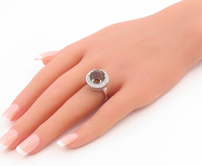 925 Sterling Silver Vintage Ring Smoky Quartz & Halo Topaz Band  Sz 6  RG35760