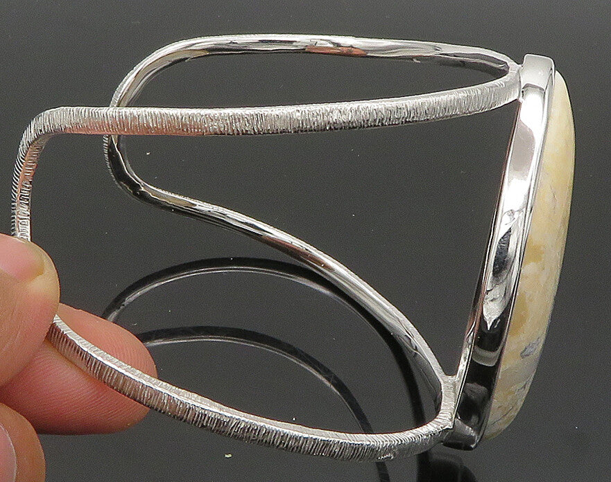 925 Sterling Silver  Vintage Cabochon Jasper Shiny Split Cuff Bracelet  BT8260