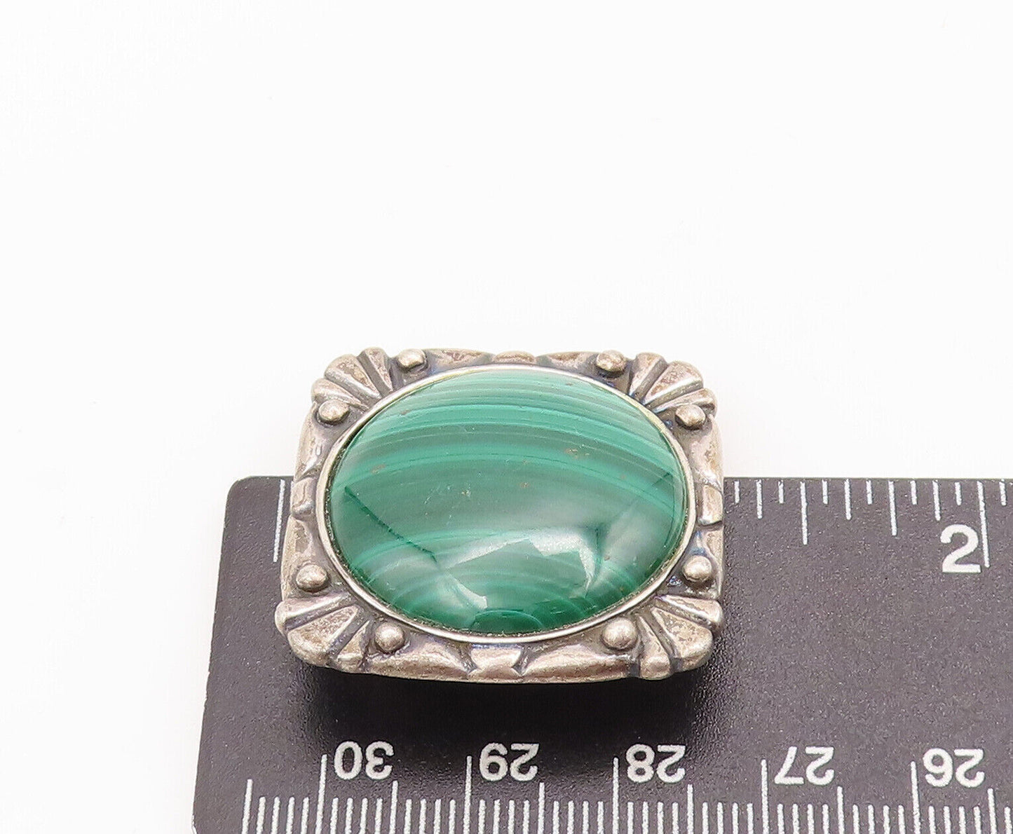 925 Sterling Silver Vintage Brooch Pin Round Malachite Carved Frame  BP10862