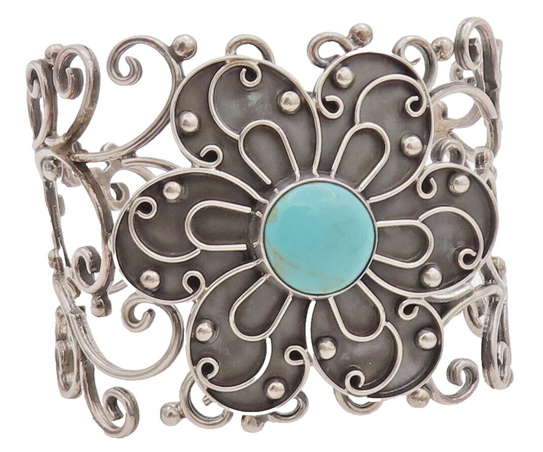 925 Sterling Silver Vintage Bracelet MEXICO Swirly Turquoise Flower Cut  BT10183