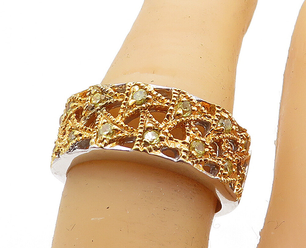 925 Sterling Silver Peridot Dotted Two Tone Shiny Band Ring Sz 7 RG6564