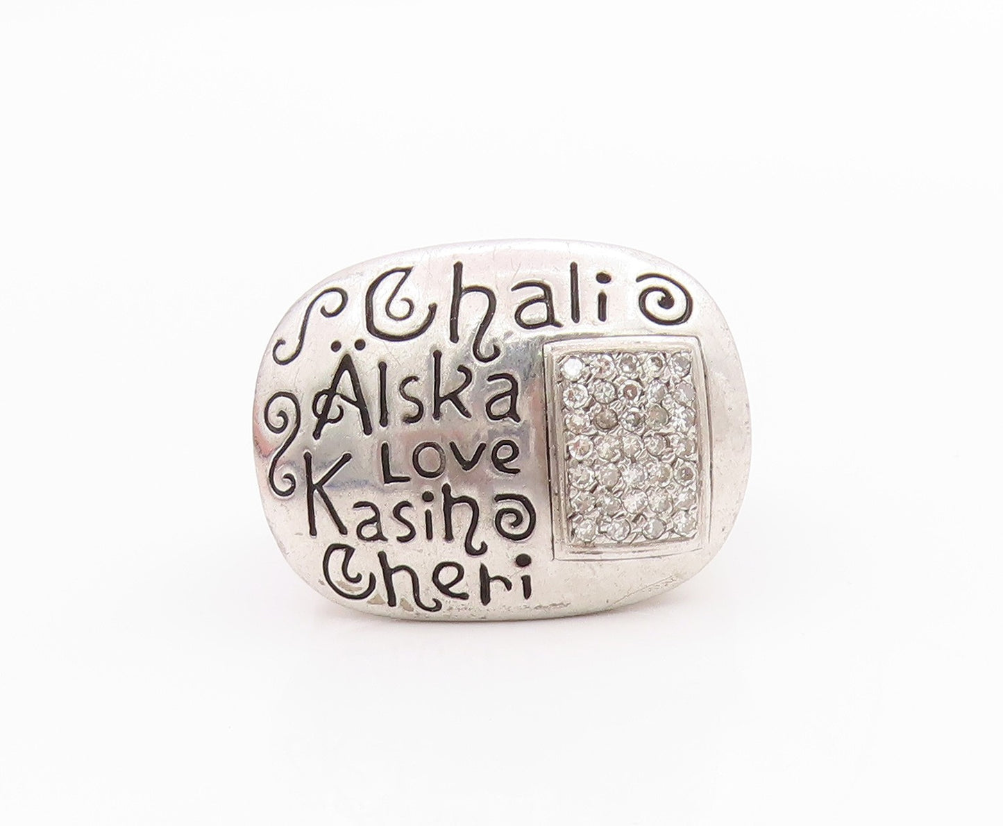 925 Sterling Silver Vintage Ring Diamonds Inlay Lovers Names Etched Sz 7 RG33188