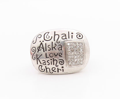 925 Sterling Silver Vintage Ring Diamonds Inlay Lovers Names Etched Sz 7 RG33188