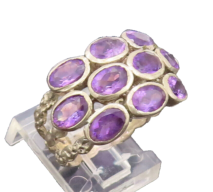 925 Sterling Silver Vintage Ring Hammered Rope Band Oval Amethysts Sz 9  RG27616