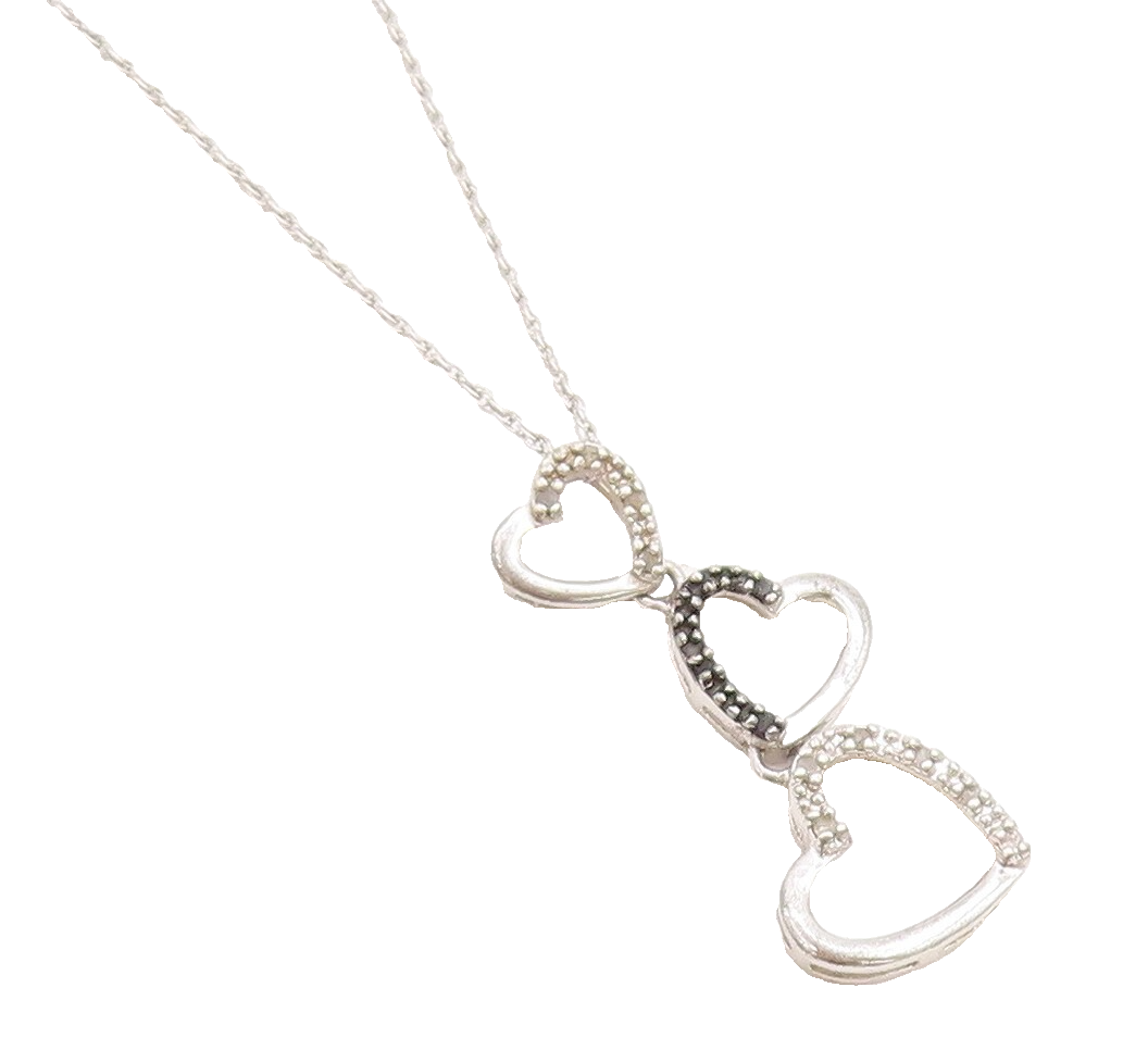 925 Silver  Genuine Black & White Diamonds Love Hearts Chain Necklace  NE2059
