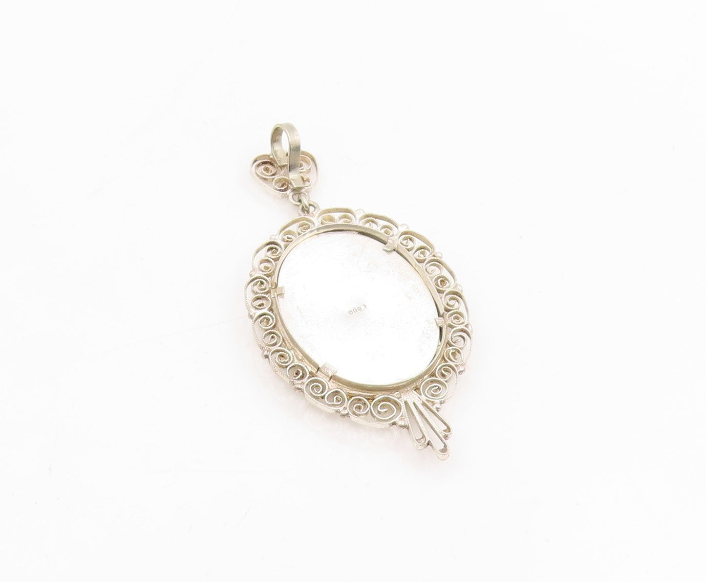 925 Sterling Silver Vintage Pendant Oval Enamel Filigree Flower Bouquet  PT25723