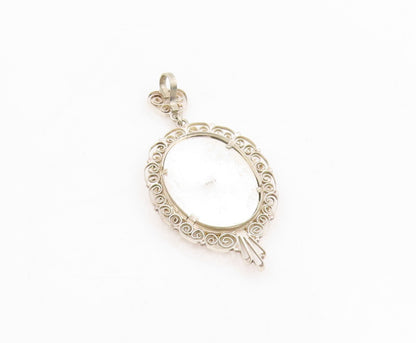 925 Sterling Silver Vintage Pendant Oval Enamel Filigree Flower Bouquet  PT25723
