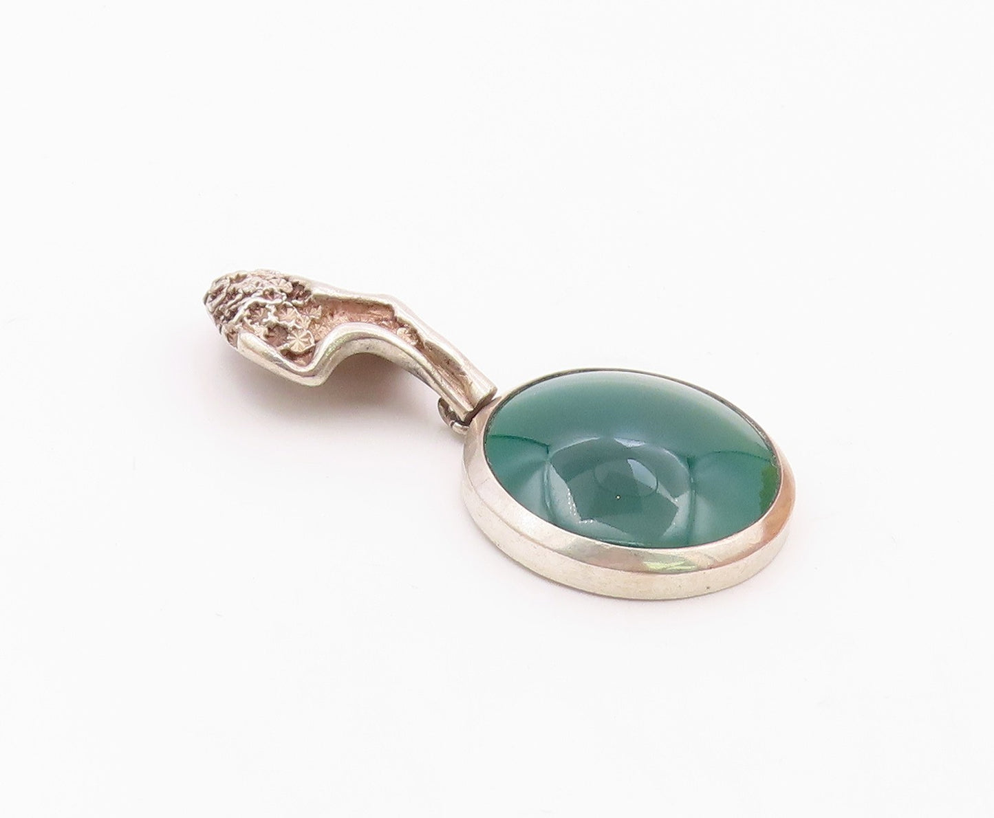 DESIGNER ISRAEL 925 Silver  Vintage Cabochon Green Carnelian Pendant  PT19557