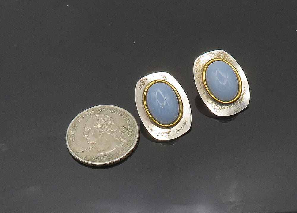 STAMAS 925 Sterling Silver  Vintage Agate 2 Tone Non Pierce Earrings  EG10185