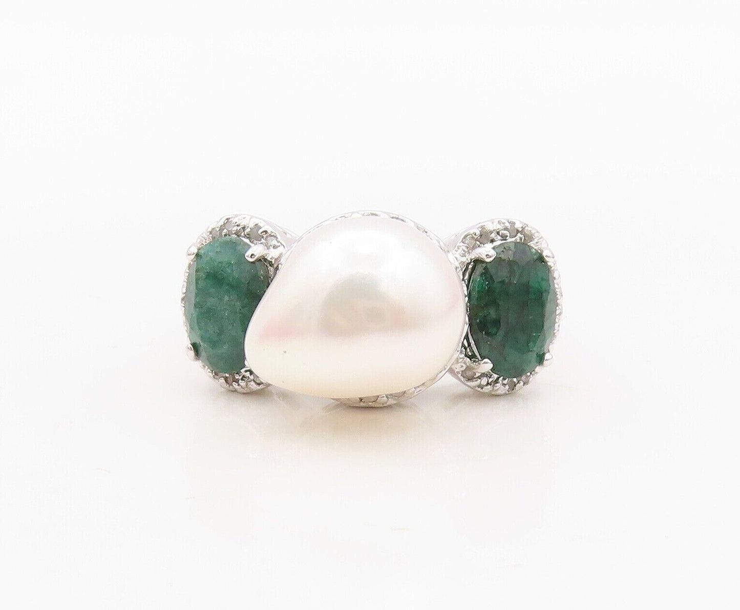 925 Sterling Silver Vintage Ring Diamonds Pearl & Gemstone Inlay  Sz 8  RG30492