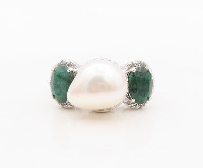 925 Sterling Silver Vintage Ring Diamonds Pearl & Gemstone Inlay  Sz 8  RG30492
